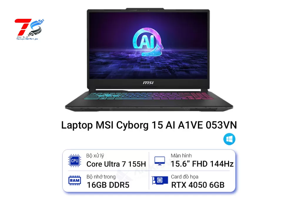 Laptop MSI Cyborg 15 AI A1VEK 053VN (Core Ultra 7 155H | 16GB | 512GB | RTX 4050 GDDR6 | 15.6 inch FHD | Wi11H | Black)